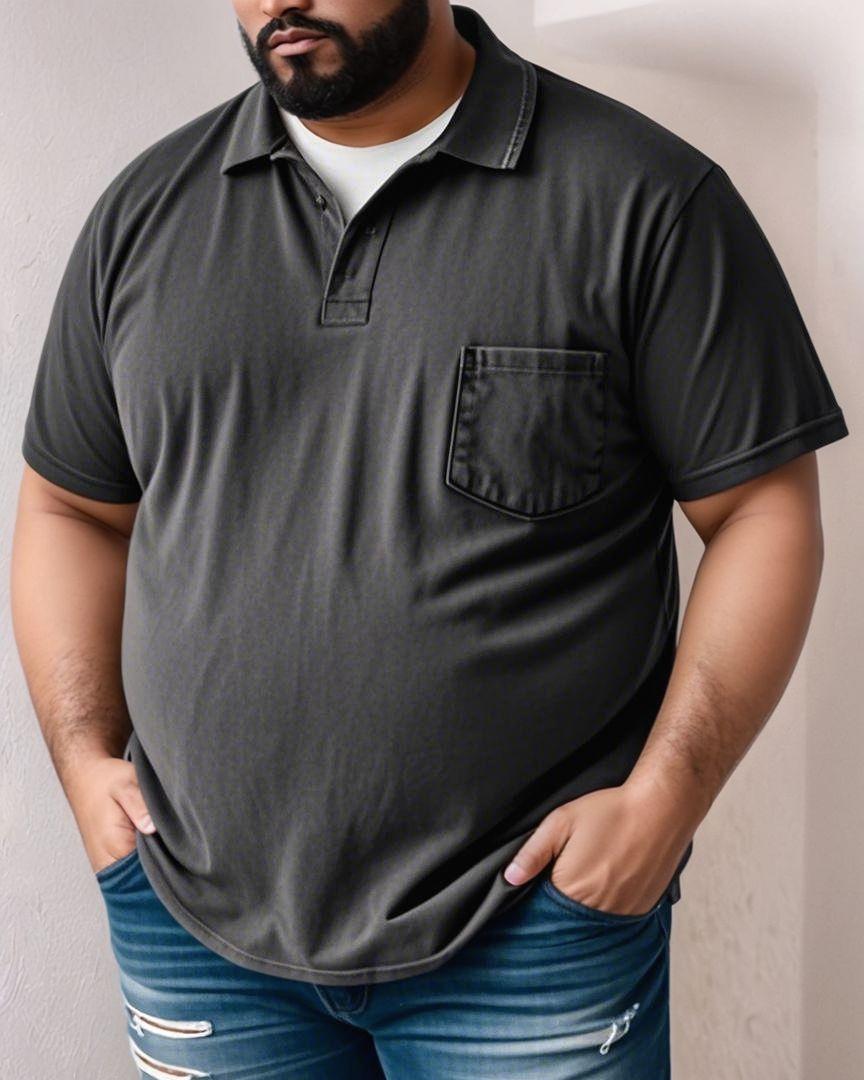 Men's Plus Size Washed Pocket Black Stand Collar Polo Shirt