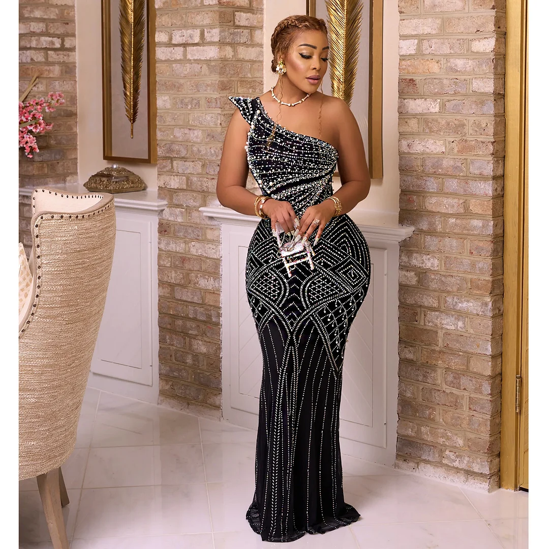 Churchf Churchf Fashion Women's Wear Solid Color Hot Diamond Diagonal Collar Long Skirt Dress