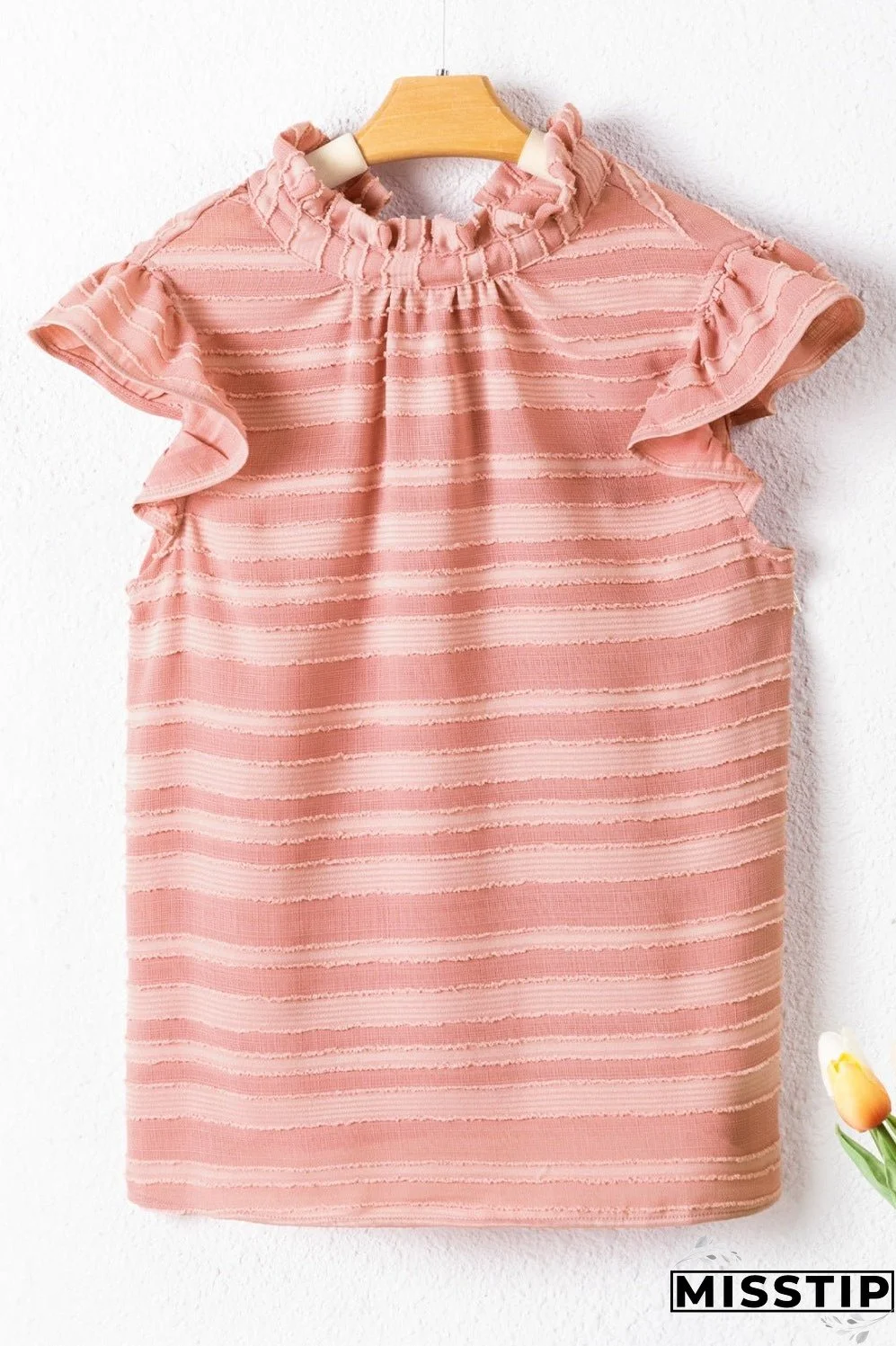 Striped Mock Neck Cap Sleeve Blouse