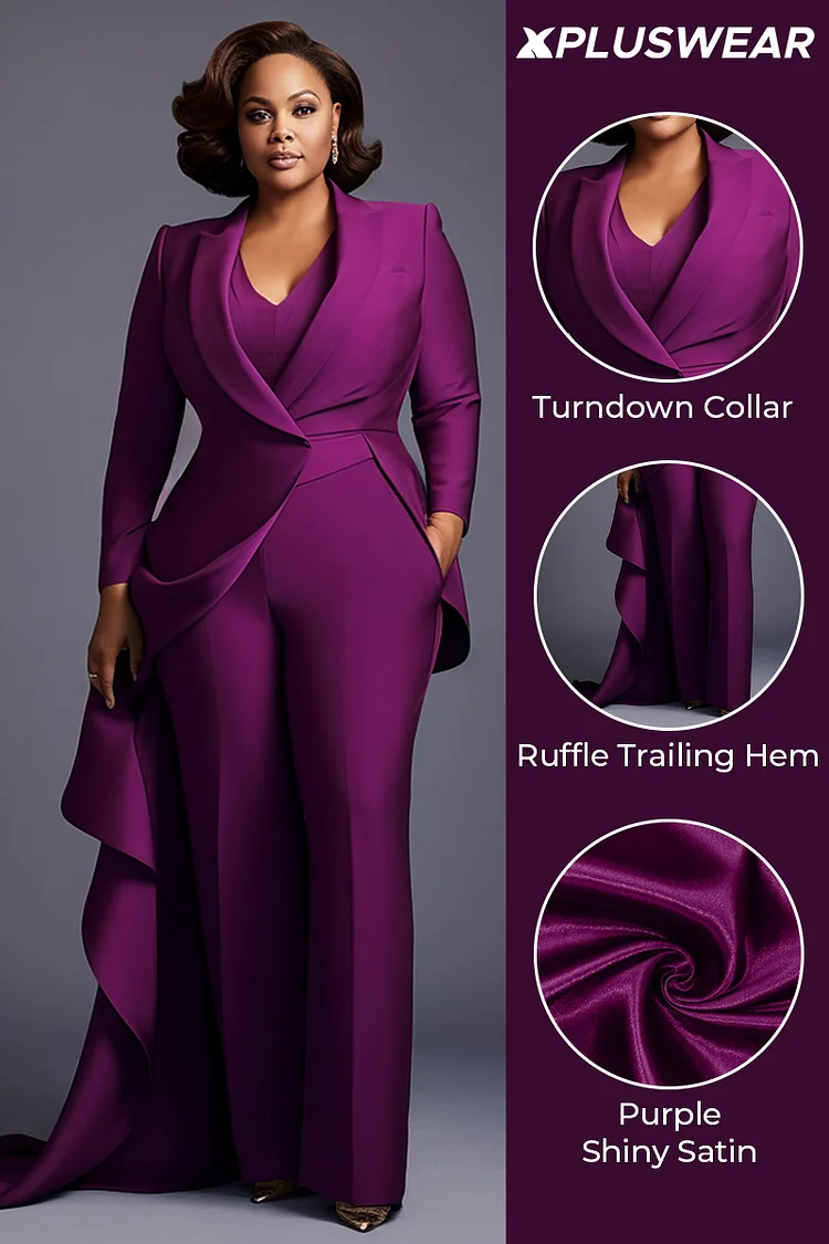 Xpluswear Design Plus Size Mother Of The Bride Elegant Purple Turndown Collar Long Sleeve Flounce Pockets Two Piece Pant Sets 