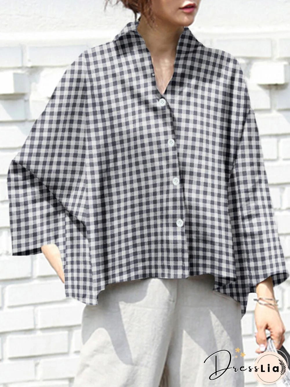 Check Print Long Sleeve Lapel Loose Button Down Shirt
