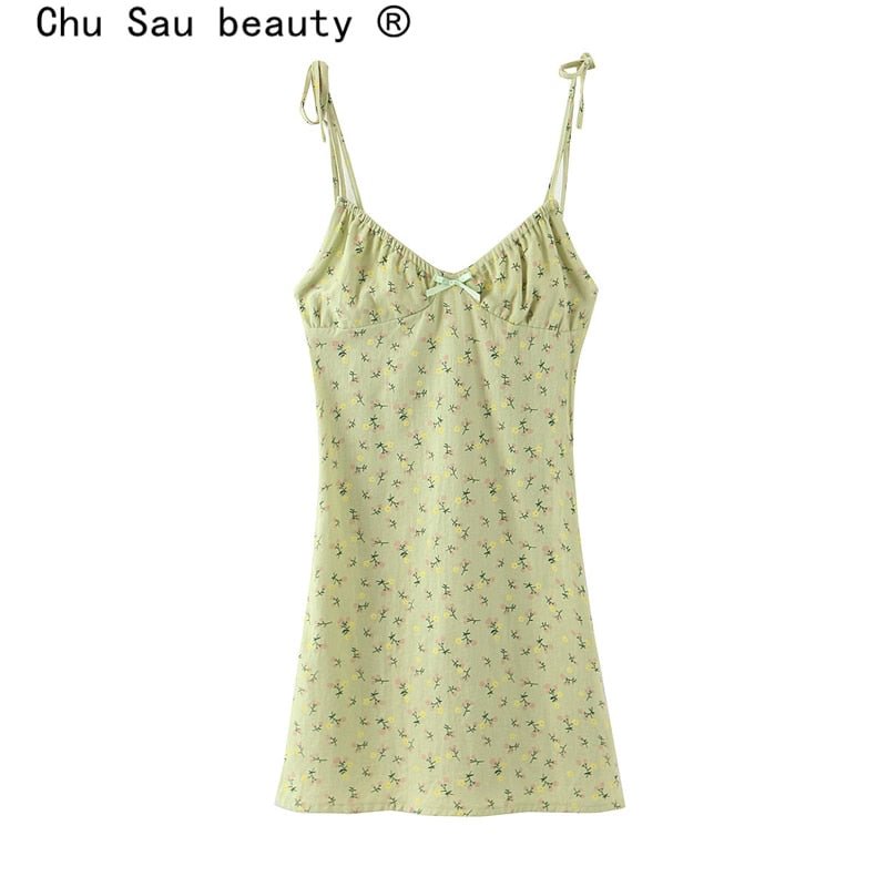 Chu Sau beauty New Casual Chic Floral Print Sling Mini Dress Women Holiday Bow V-neck Dress Summer Sexy Backless Ladies Dresses