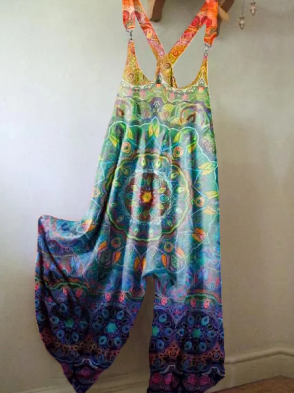 Casual gradient pattern printed cotton linen Jumpsuit