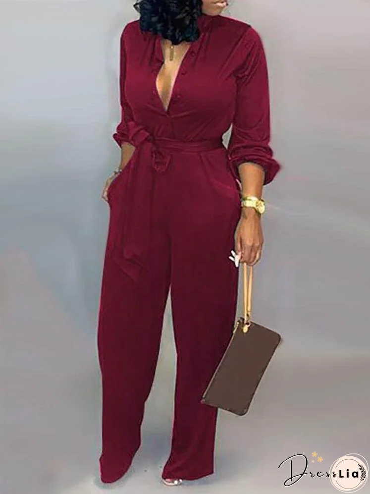 Solid Buttoned Pocket Casual Jumpsuit for Women