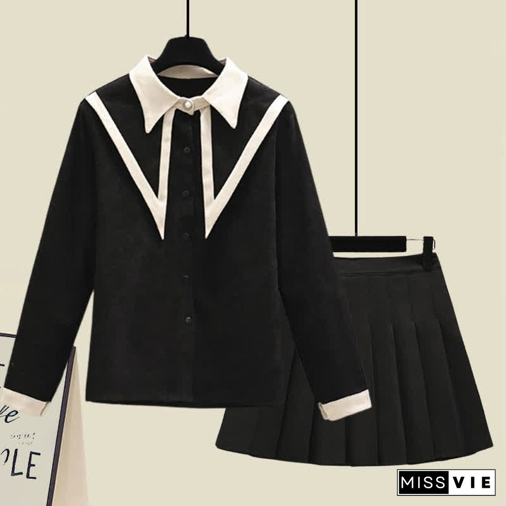 Lapel Shirt Pleated Skirt Two Piece Set