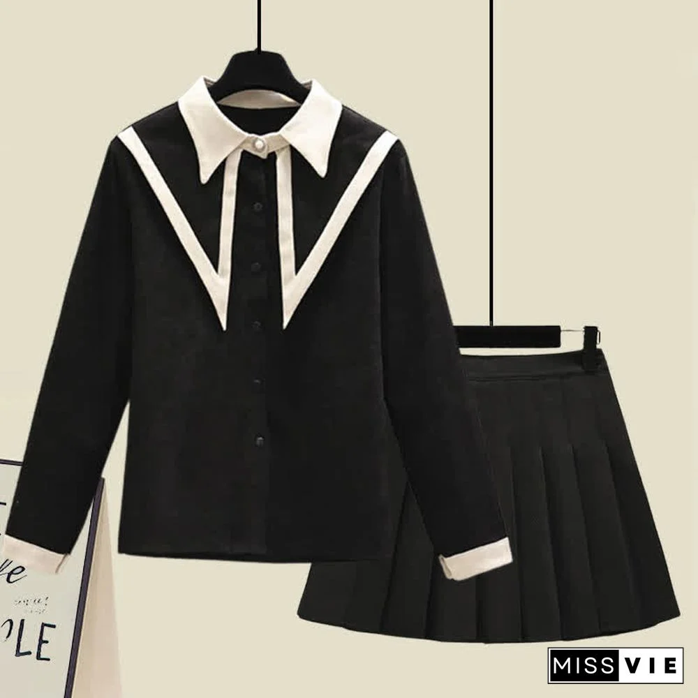 Lapel Shirt Pleated Skirt Two Piece Set