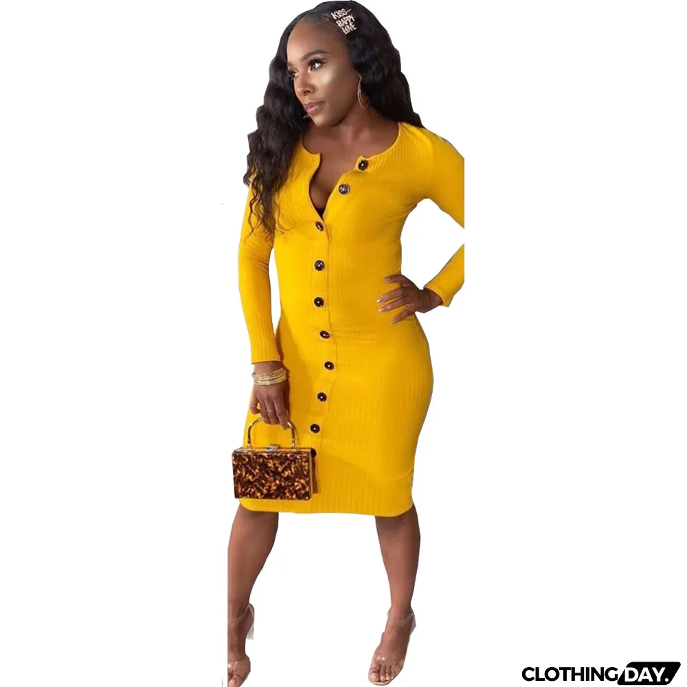 Solid Color Pit-strip Button Dress