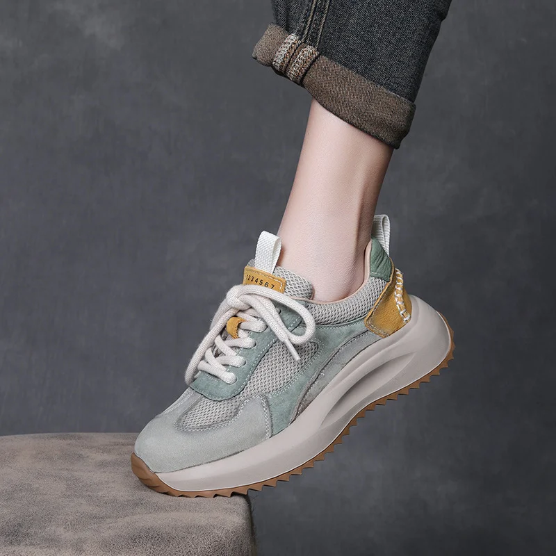 Yyvonne Leather Thick-Soled Fork Forrest Shoes Women's Spring And Autumn New Comfortable Old Dad Shoes Net Breathable Sports Casual Shoes