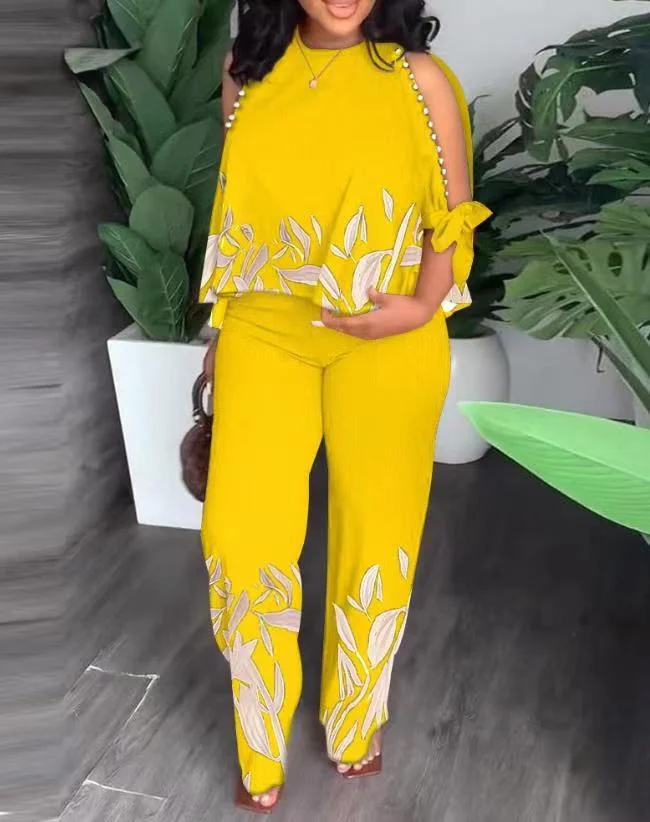 Wongn Wongn New Women's Round Neck Nail Bead, Rotator Sleeve T-Shirt And Trousers Positioning Print Suit