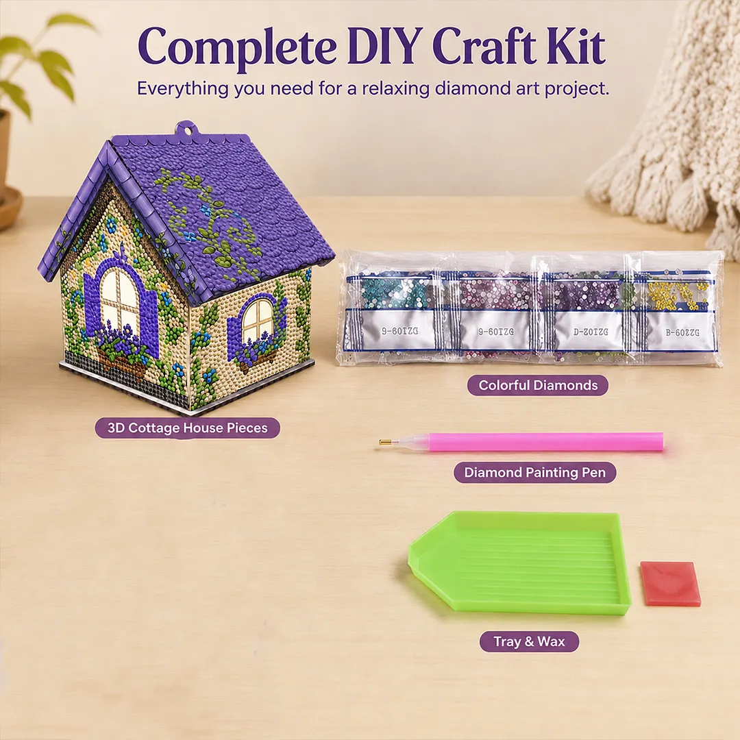 DIY Wooden House Diamond Art Painting Kit for Adults Home (Lavender)