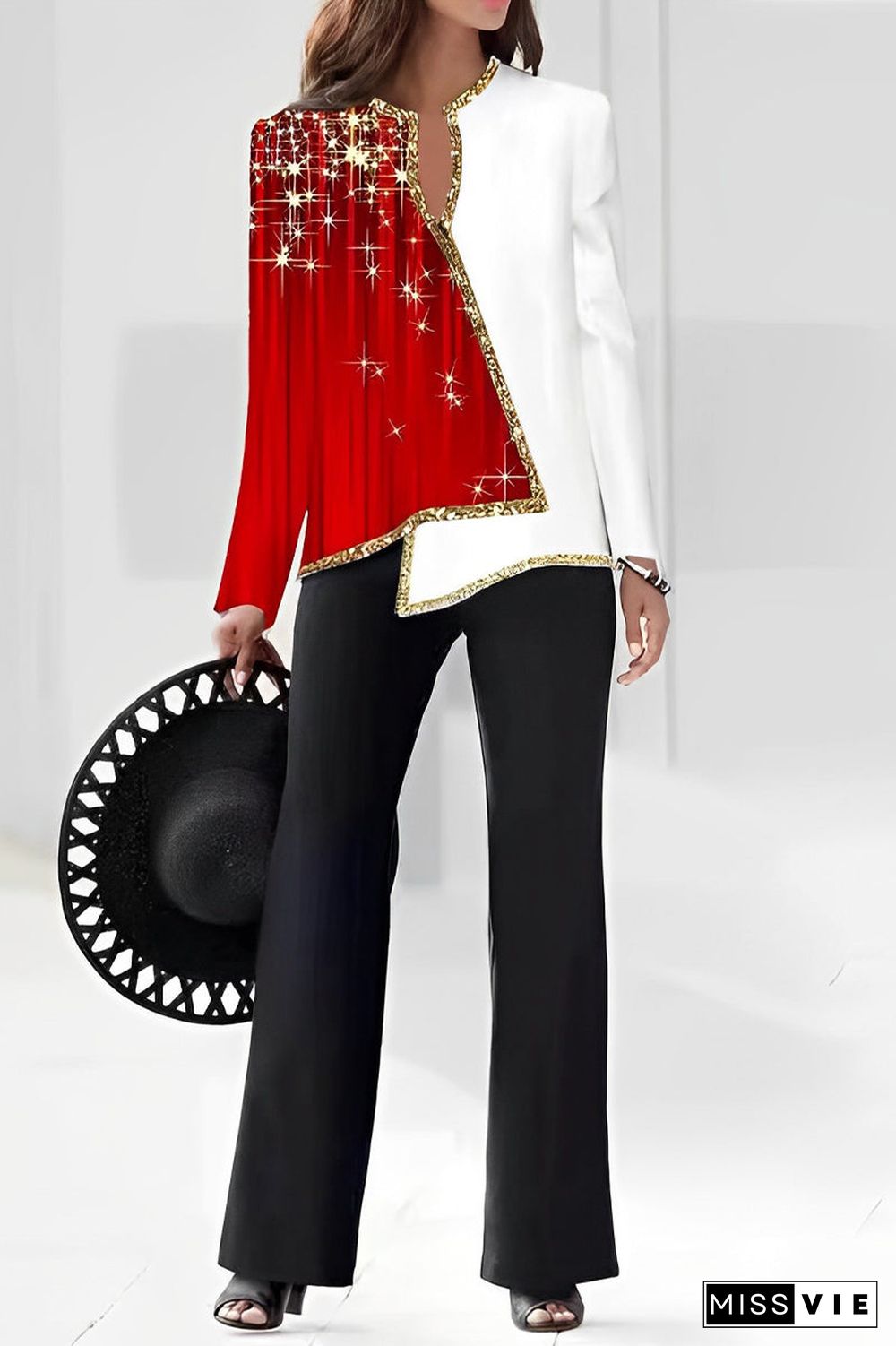 Casual Print Asymmetrical V Neck Long Sleeve Two Pieces