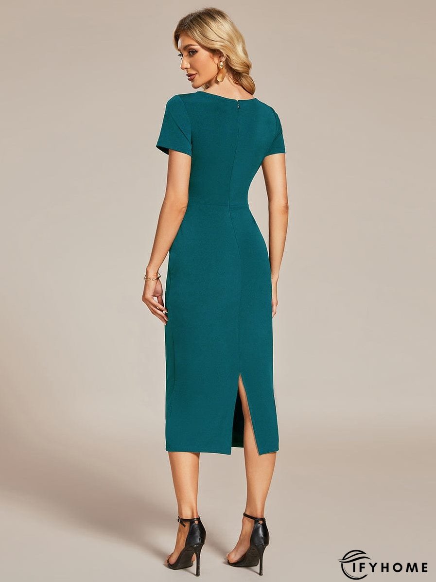 Elegant Deep V Neck Short Sleeve Cocktail Dress with Waist Belt | IFYHOME