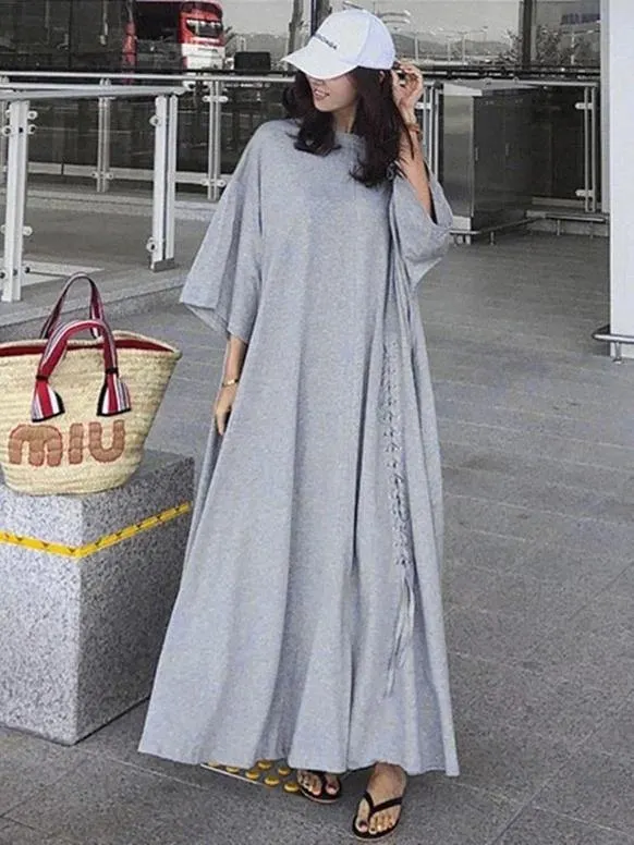 100% o neck large hem cotton clothes Fabrics black Dresses
