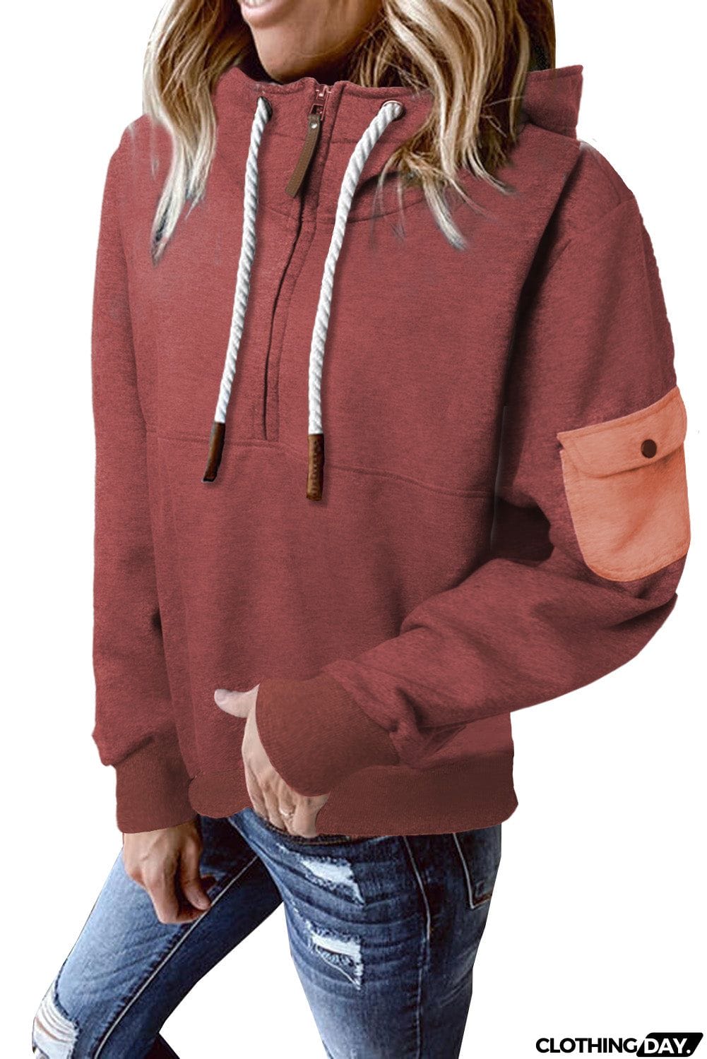 Half Zip Colorblock Pocket Patchwork Long Sleeve Hoodie
