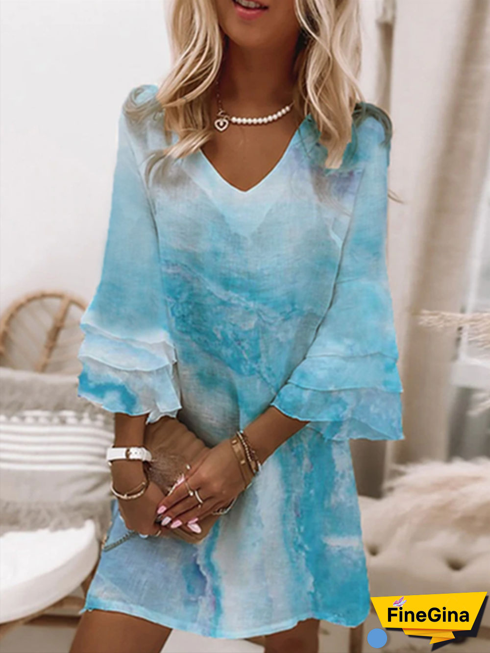 Casual V neck Printed Three Quarter Woven Dress