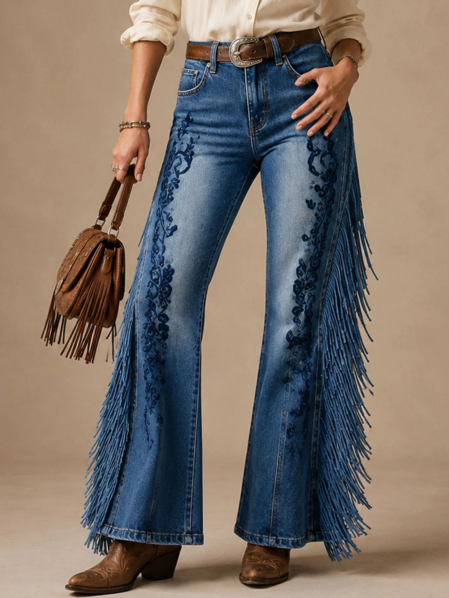 Perfect For Western Cowboy Theme Parties &mdash; Fall 2026 Women'S Delicate  Patterns, Dynamic Fringe,Skin-Friendly Breathable Denim Trousers Pants（No Belt）