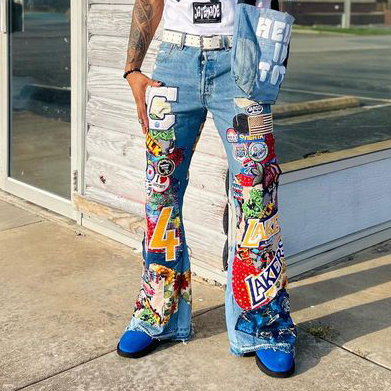 Casual street basketball stitching denim trousers