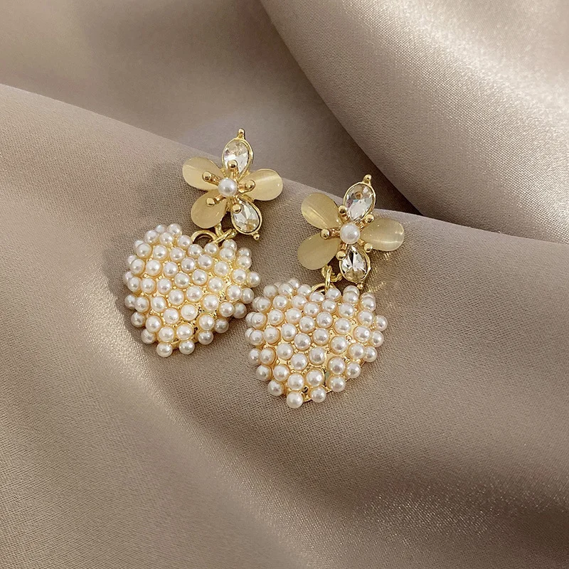 Heart Pearl Flower Opal Zircon Earrings