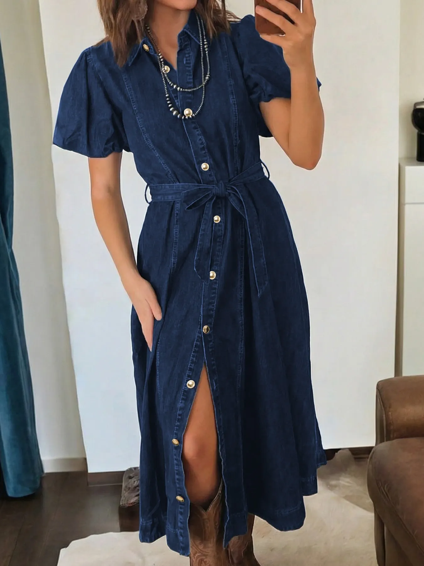 Belted Button-Down Midi Denim Dress mysite idetrend