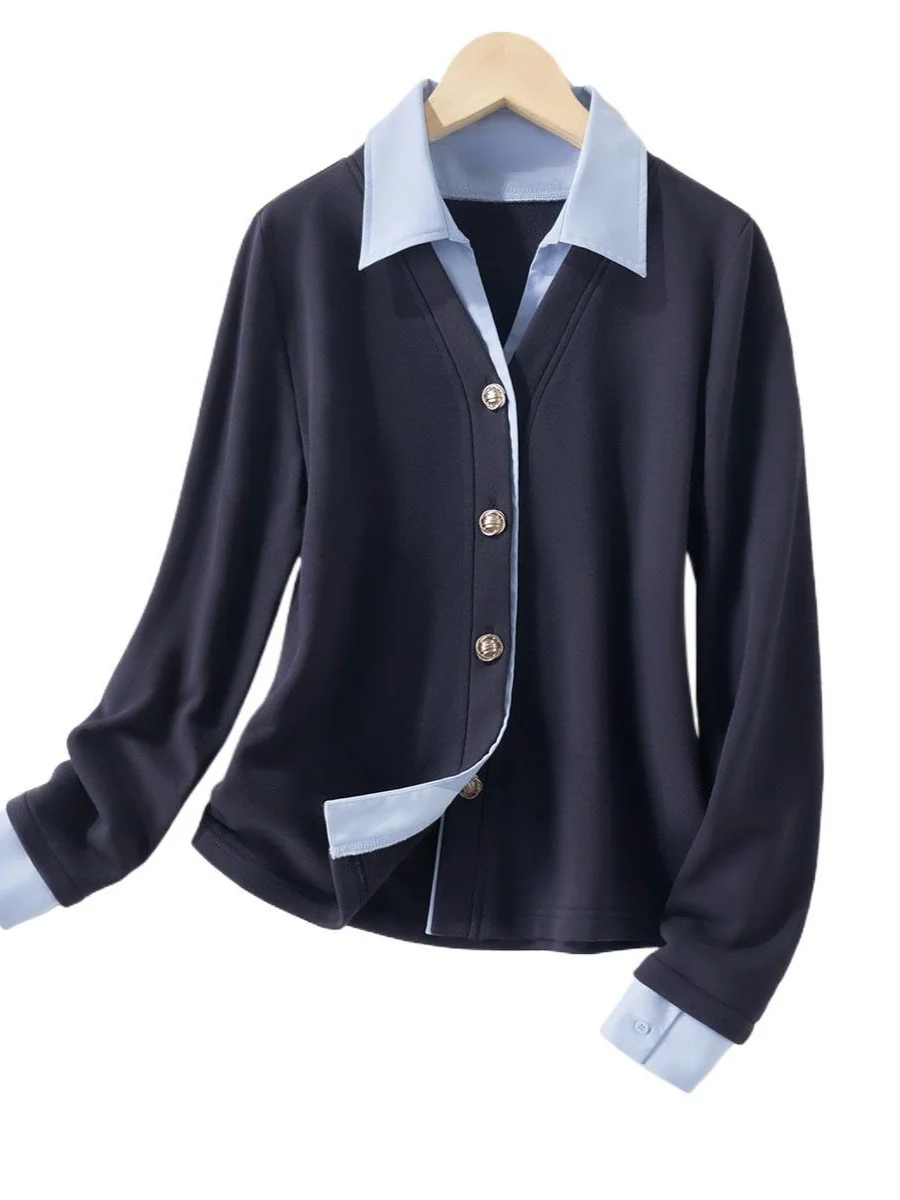 Athvotar Athvotar Two Spliced Polo Collar Shirt Women's Spring Design Sense Of Small Chic Repair Shirt Short Long-Sleeved Top