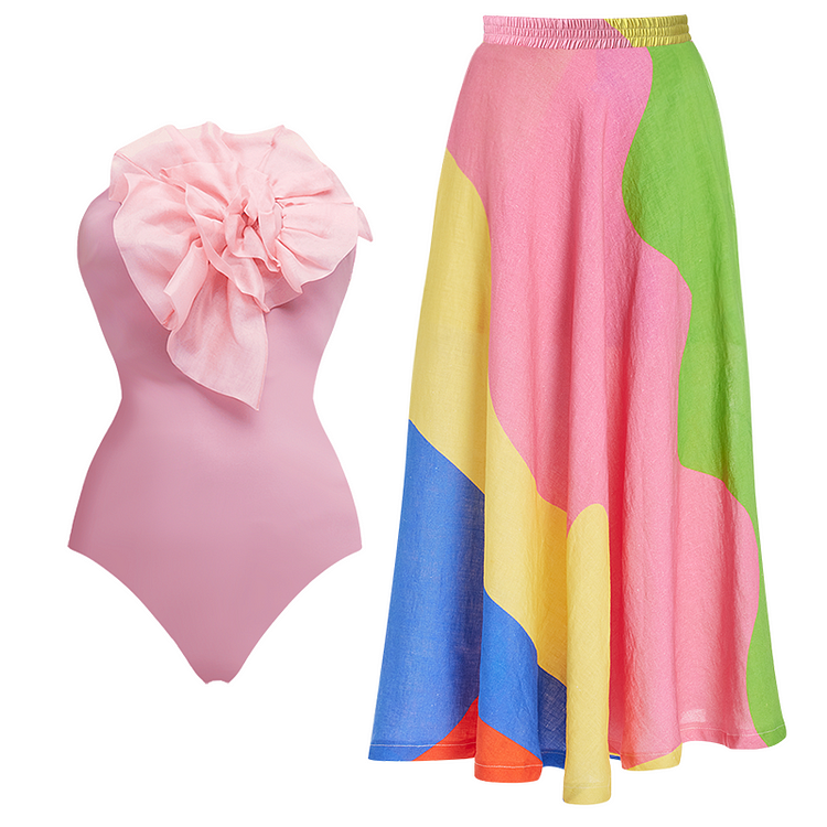 Organza 3D Flower Decor One Piece Swimsuit and Skirt