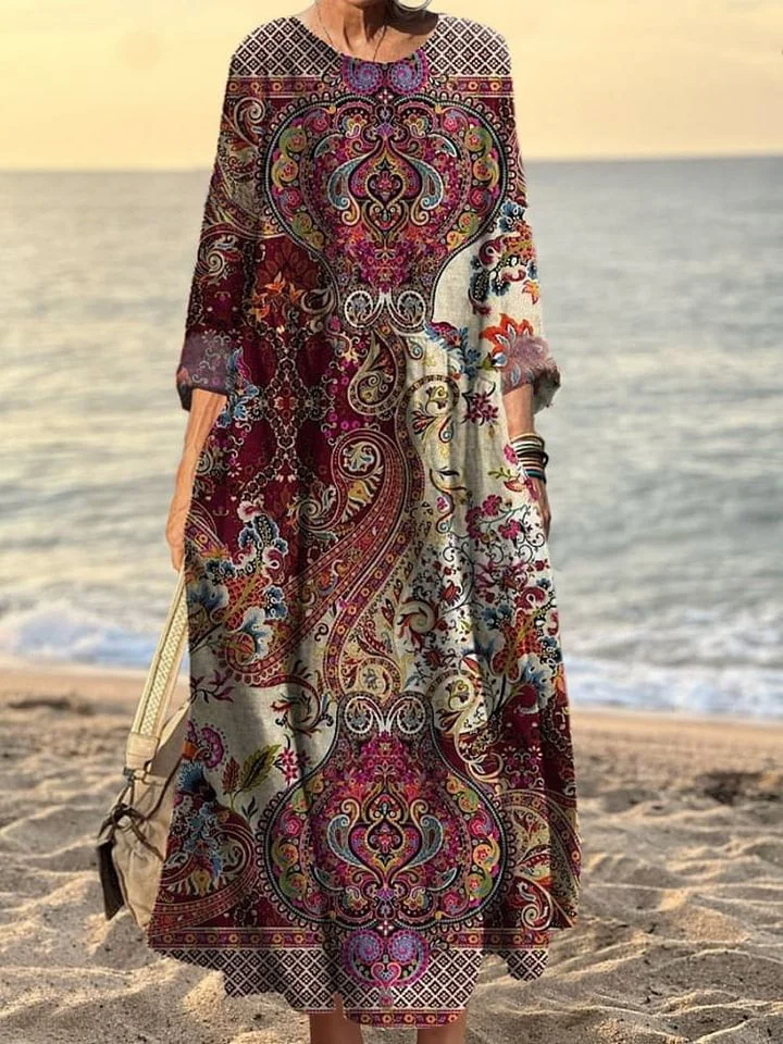 Women's Vintage Floral Art Print Pocket Cotton Dress