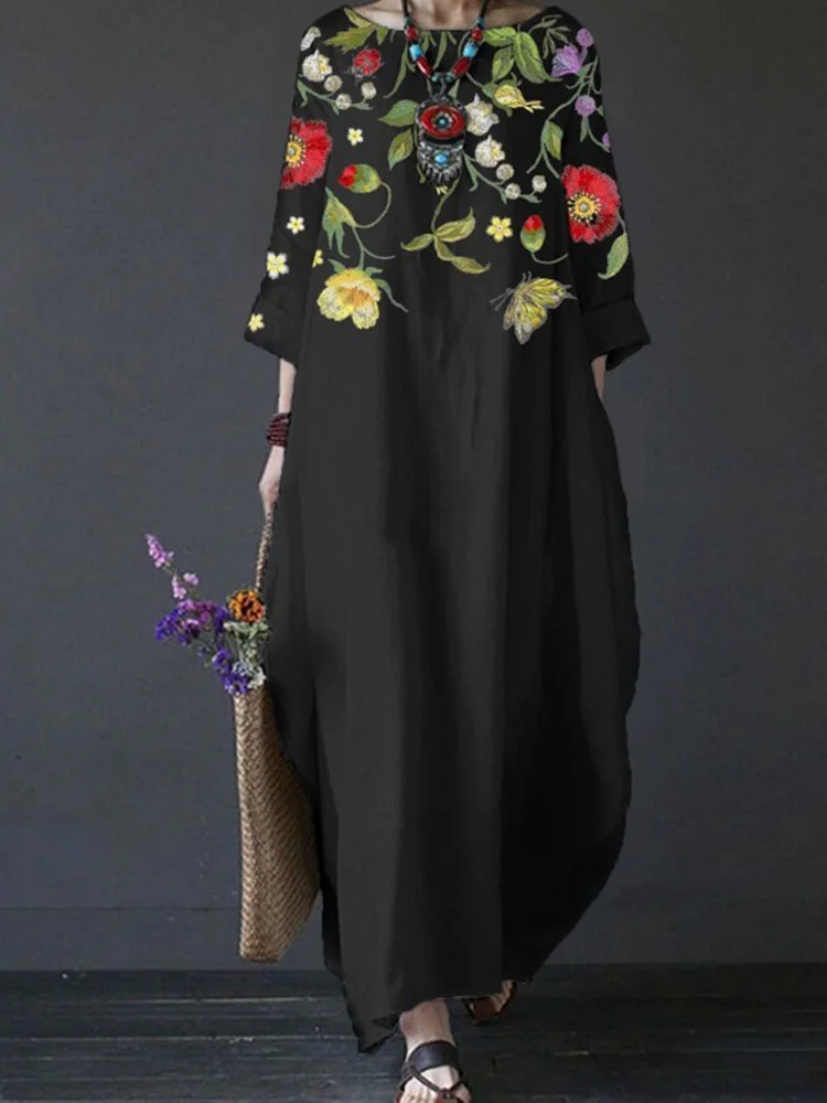 VChics Elegant Retro Flower Art Seventh Sleeve Maxi Dress