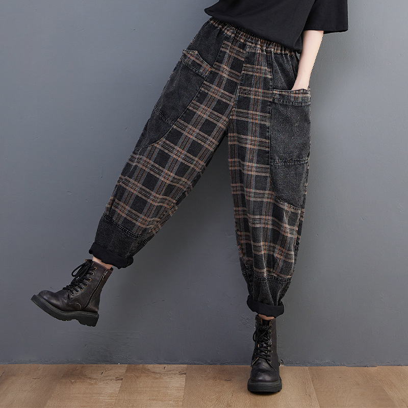 Literary Splicing Plaid Denim Harem Pants