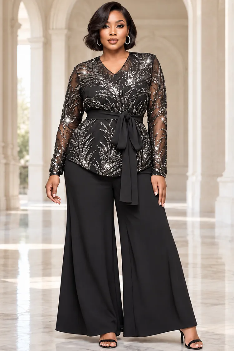 Xpluswear Design Plus Size Mother Of The Bride Black V Neck Long Sleeve Wrap See Through Sequin Two Piece Pant Sets [Pre-Order] 2024 - Xpluswear