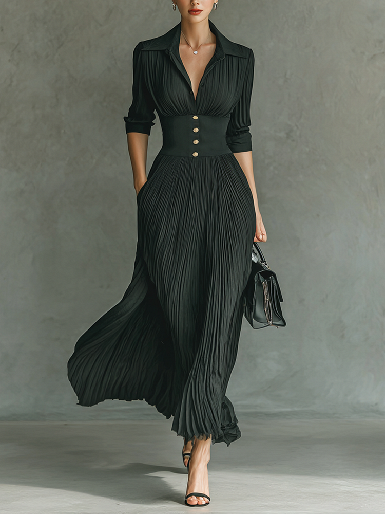 Women's Solid Color Pleated Lapel Waist Long Sleeve Maxi Dress