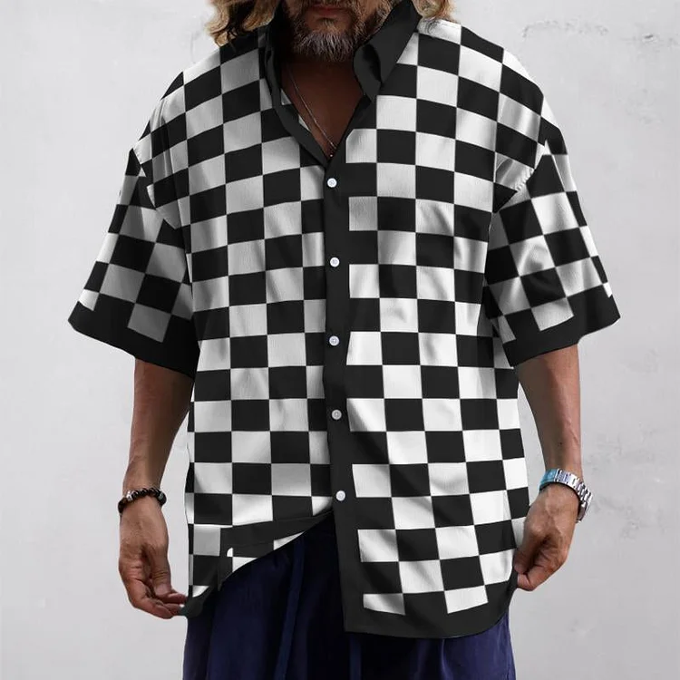 Men's Casual Checkerboard Lapel Short Sleeve Shirt 95155459TO