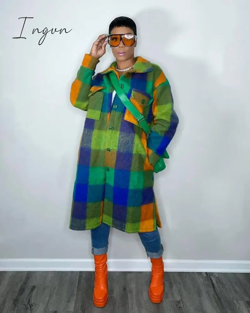 Ingvn - Women Plaid Single Breasted Long Sleeve Turn - Down Neck Shirt Style Wool And Blends