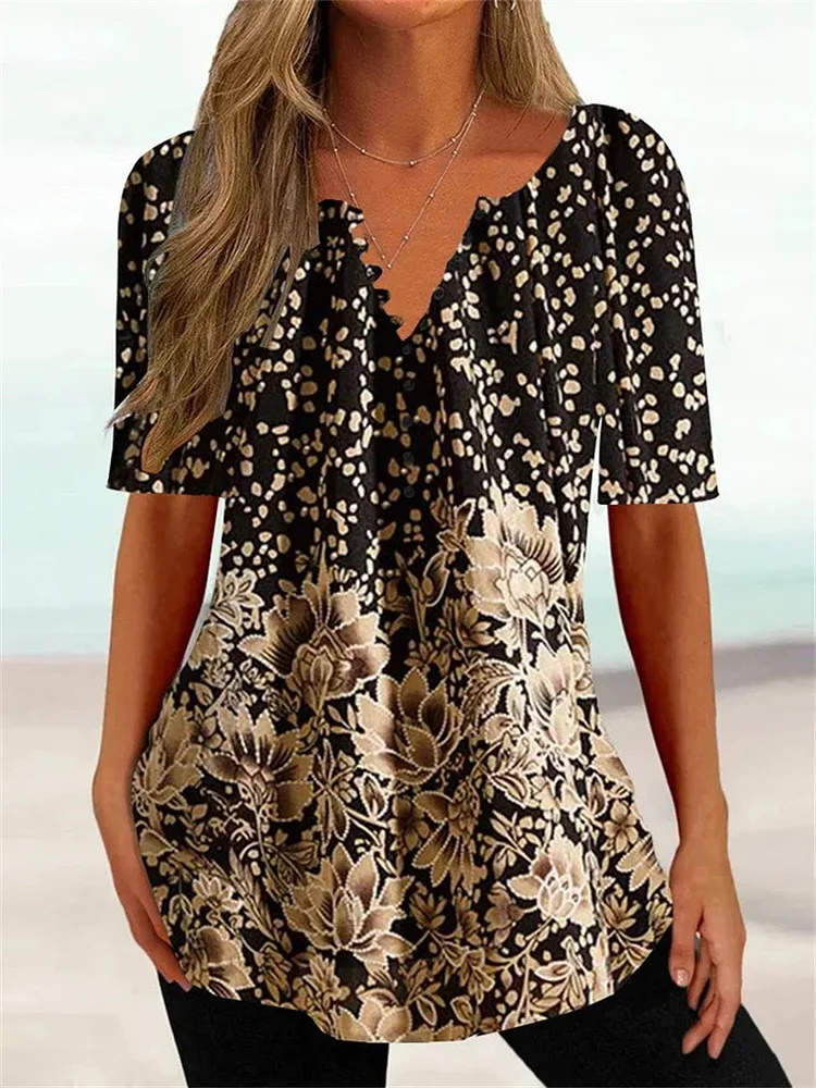 Women's Casual T-Shirts Floral Print V-Neck Top