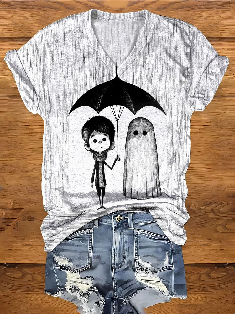 Women's Halloween Cute Ghost Art Fun Print Casual  T-shirt