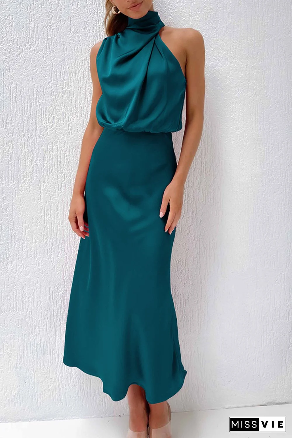 Ruched Cut Shoulder Sleeveless Sily Maxi Dress