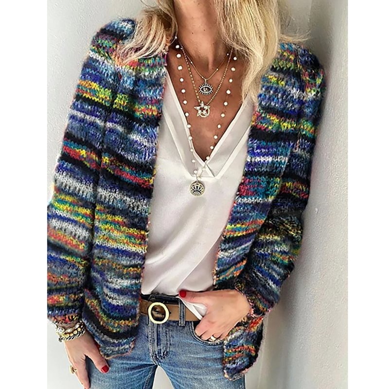 Casual Color-block Striped Sweater Regular Printed Stitching Cardigan MusePointer