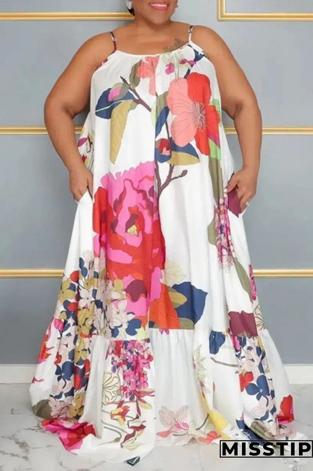 Rose Red Casual Print Backless Spaghetti Strap Long Dress Plus Size Dresses