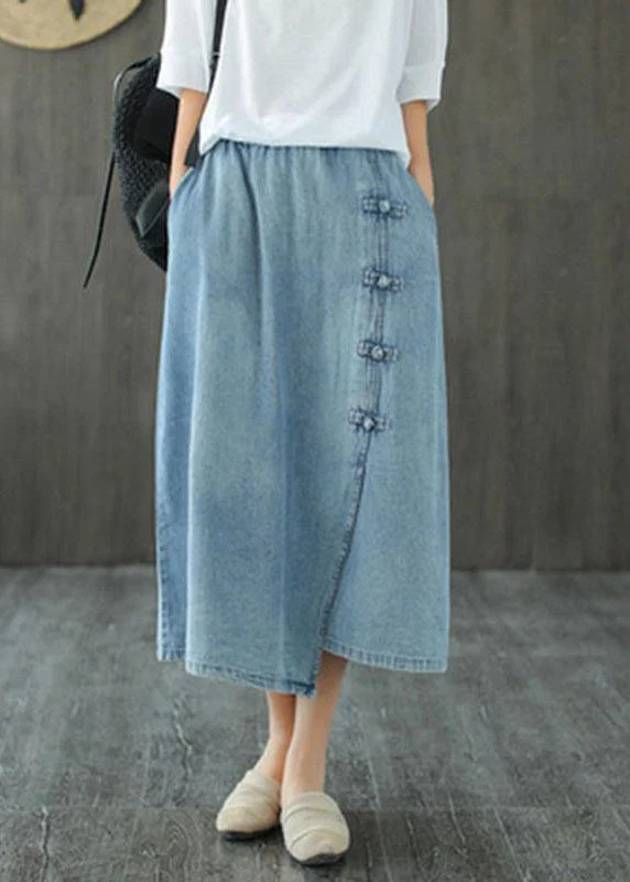 Fashion Light Blue Asymmetrical Design Button A Line Pockets Fall Skirts