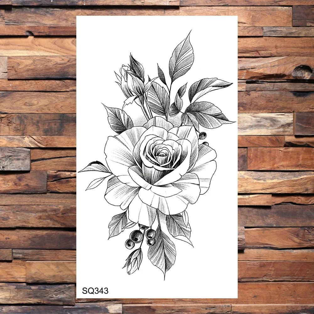 Sdrawing Peony Flower Temporary Tattoos For Women Adults Realistic Snake Rose Flower Letter Fake Tattoo Sticker Arm Thigh Tatoos