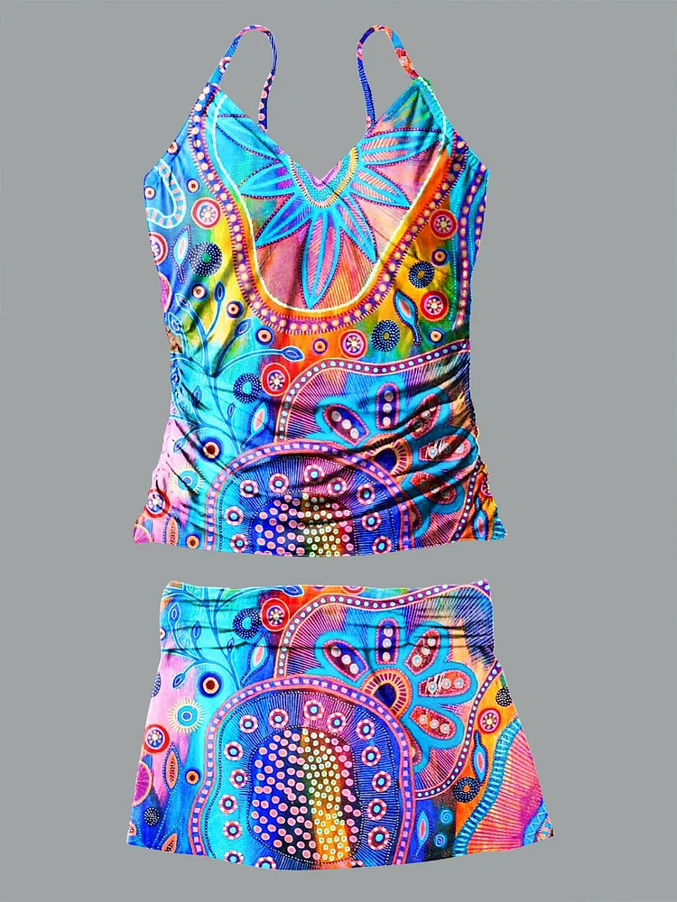 V Neck Vintage Bohemian Geometric Print Halter Pants Skirt Set Swimsuit
