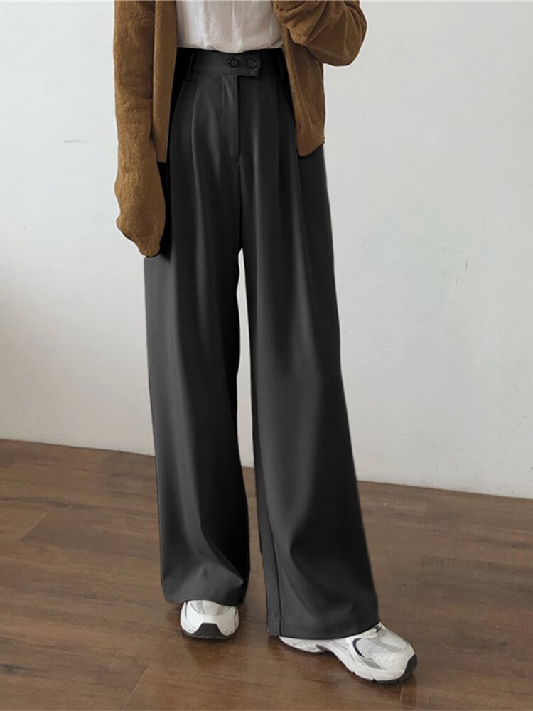 Solid Pleats Side Pocket Full Length Casual Pants