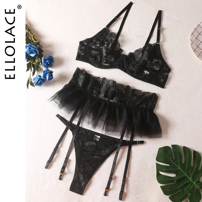 Billionm Ellolace Fancy Lingeries Luxury Lace Erotic Women's Underwear 3-Pieces Transparent Sexy Round Matching Intimate Free Shipping