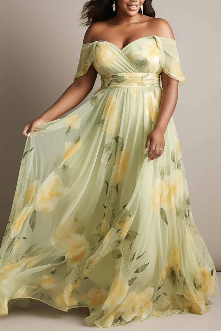 Xpluswear Design Plus Size Wedding Guest Sage Green Floral Off The Shoulder Sundress Short Sleeve Chiffon Maxi Dresses