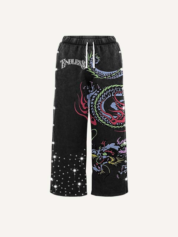 Dragon&Letter&Graphic Faux Decal Faux Rhinestones Print Elastic Waist Pants