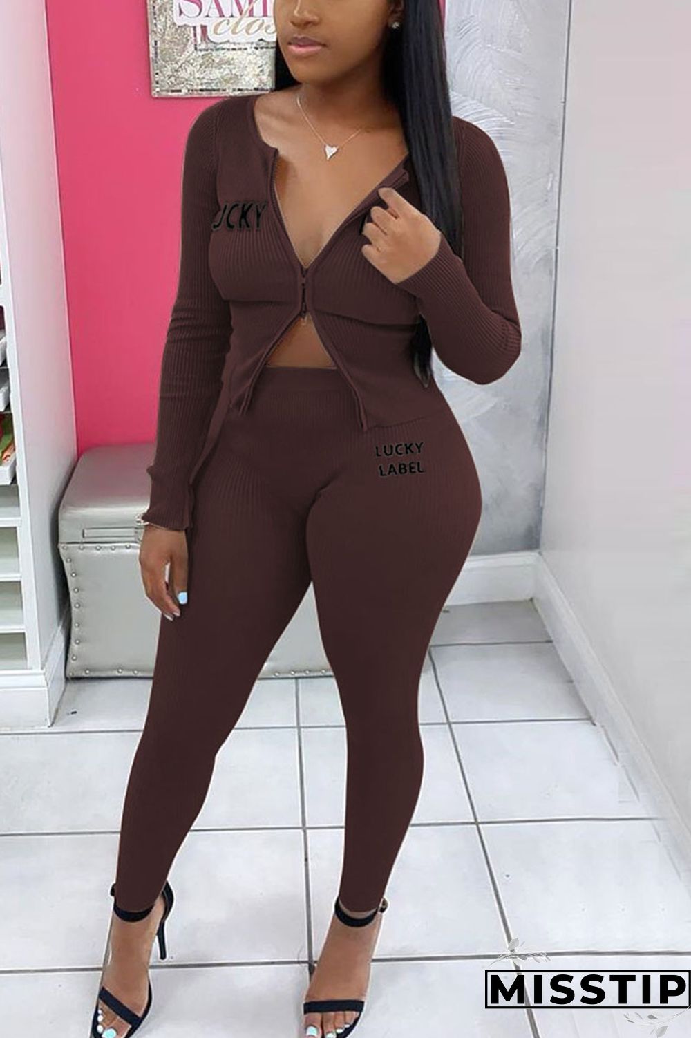 Coffee Casual Knitting Letter Patchwork Solid Embroidered Patchwork Cardigan Pants Basic Zipper Collar Long Sleeve Regular Sleeve Regular Two Pieces