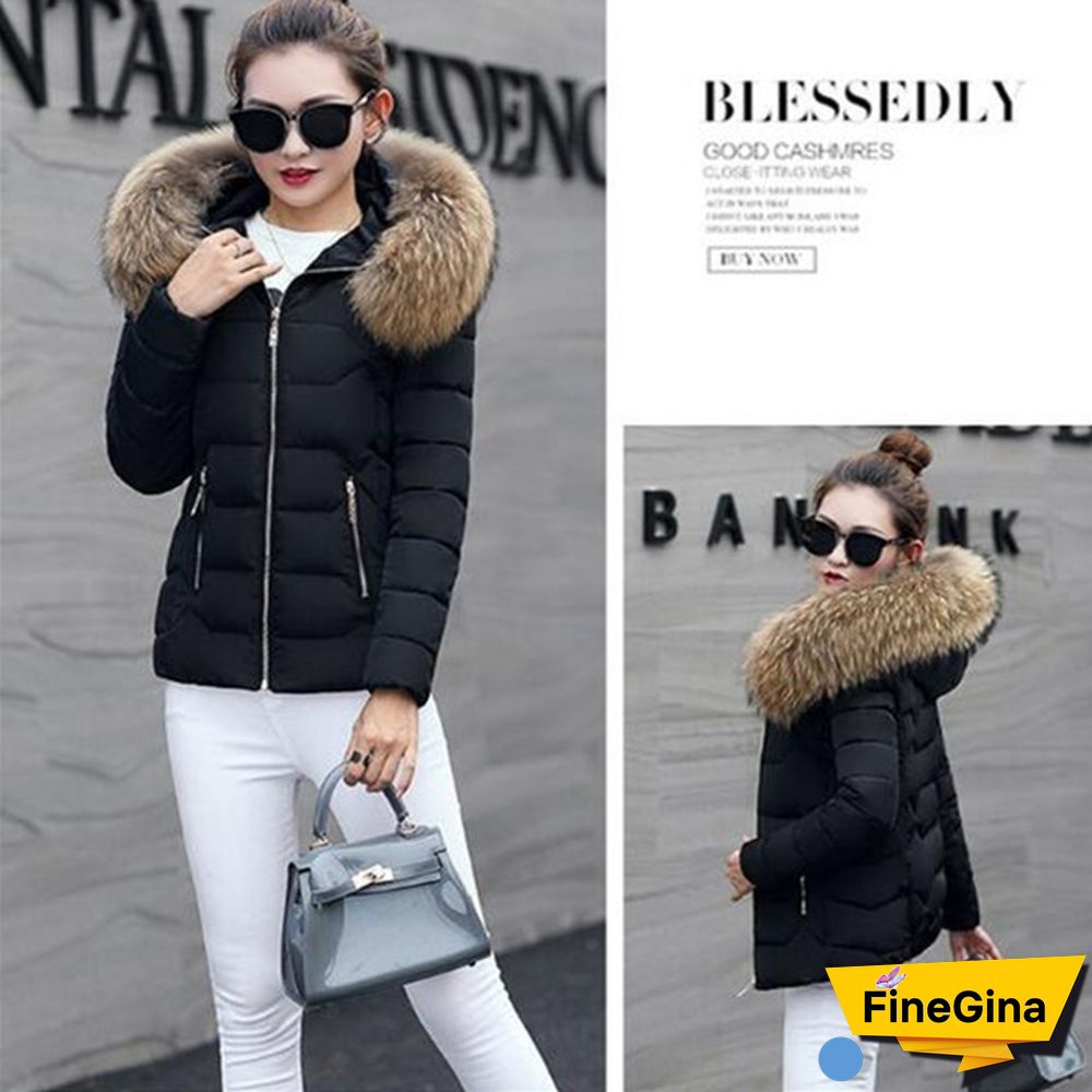Women Autumn Winter New Fashion Short Coat Cotton-padded Jacket Large Size Hooded Jacket Warm Cotton Female Fur Collar Hoody Parka XS-XXXL