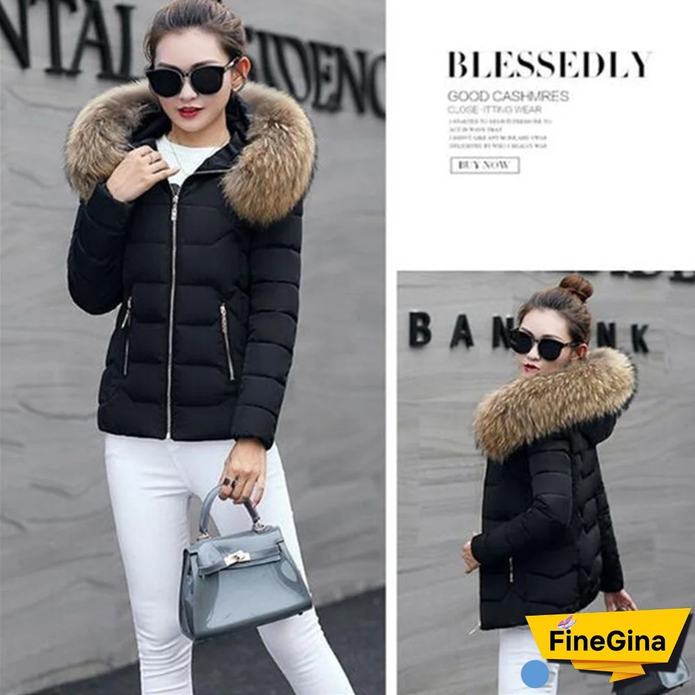 Women Autumn Winter New Fashion Short Coat Cotton-padded Jacket Large Size Hooded Jacket Warm Cotton Female Fur Collar Hoody Parka XS-XXXL