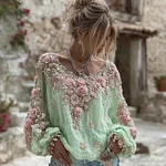 Women's Vintage Pink Flower Embroidery Art Round Neck Long Sleeve Linen Blend T-shirt - Image 5