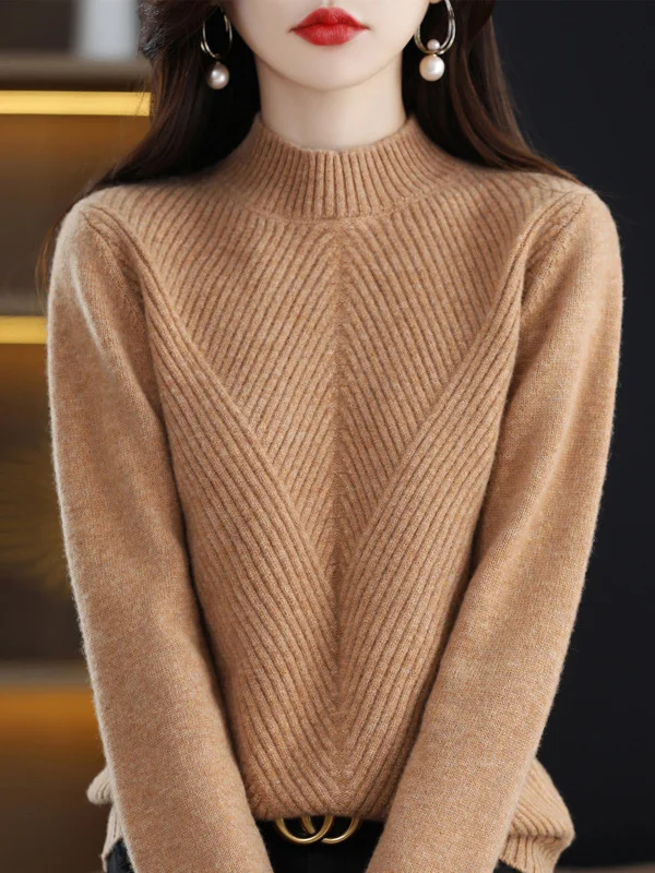 Cityscape Chic: Long-Sleeve Solid Color Half Turtleneck Sweater Tops