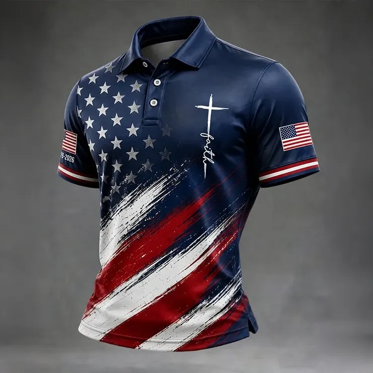 Men's American Flag Print Cross Faith Art Polo Shirt